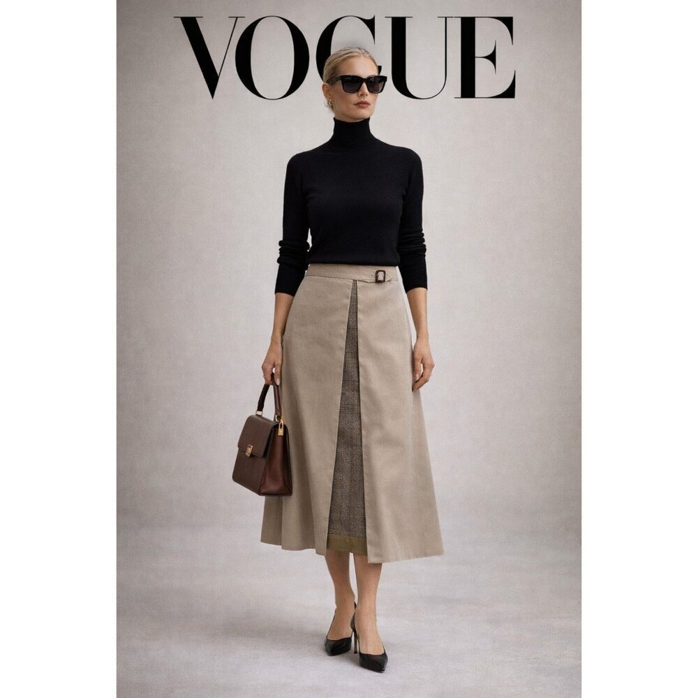 EFTYCHIA Ventile Beige Midi Skirt Straight Plaid Insert Belted UK 10